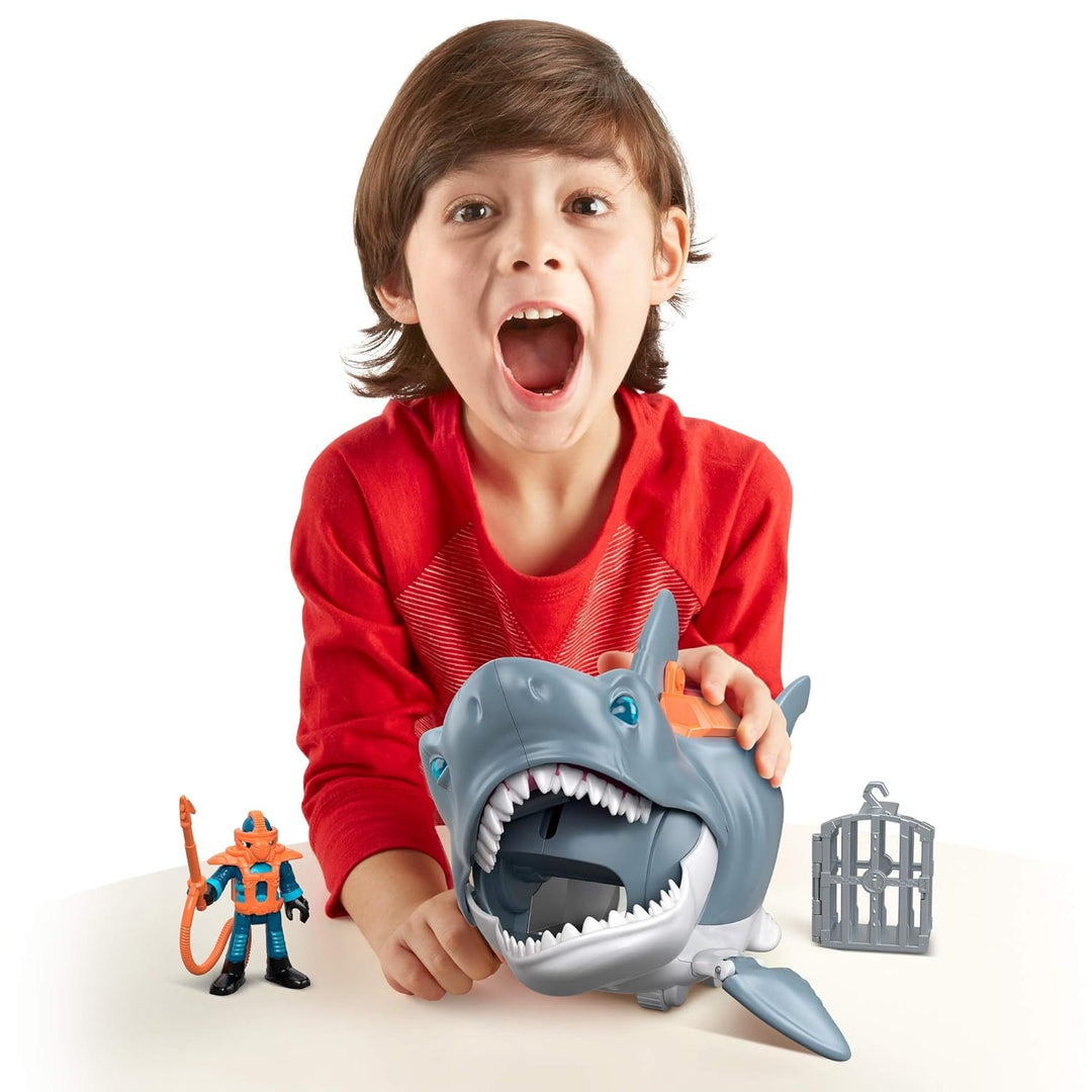 Fisher-Price Imaginext GKG77 - Grosser Spielzeug-Hai mit Taucher-Figur, Käfig und Zubehör, macht Kau