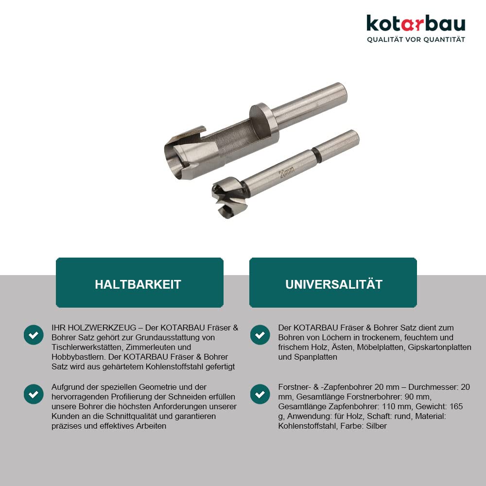 KOTARBAU® Fräser & Bohrer Satz 20 mm Holzbohrer Forstnerbohrer Zapfenbohrer Stopfenbohrer Bohrer Ast