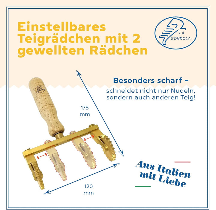 La Gondola Teigrädchen - Einstellbares Rad (2x Gewellt) | Nudelwerkzeug | Messing & Naturholz | Sich