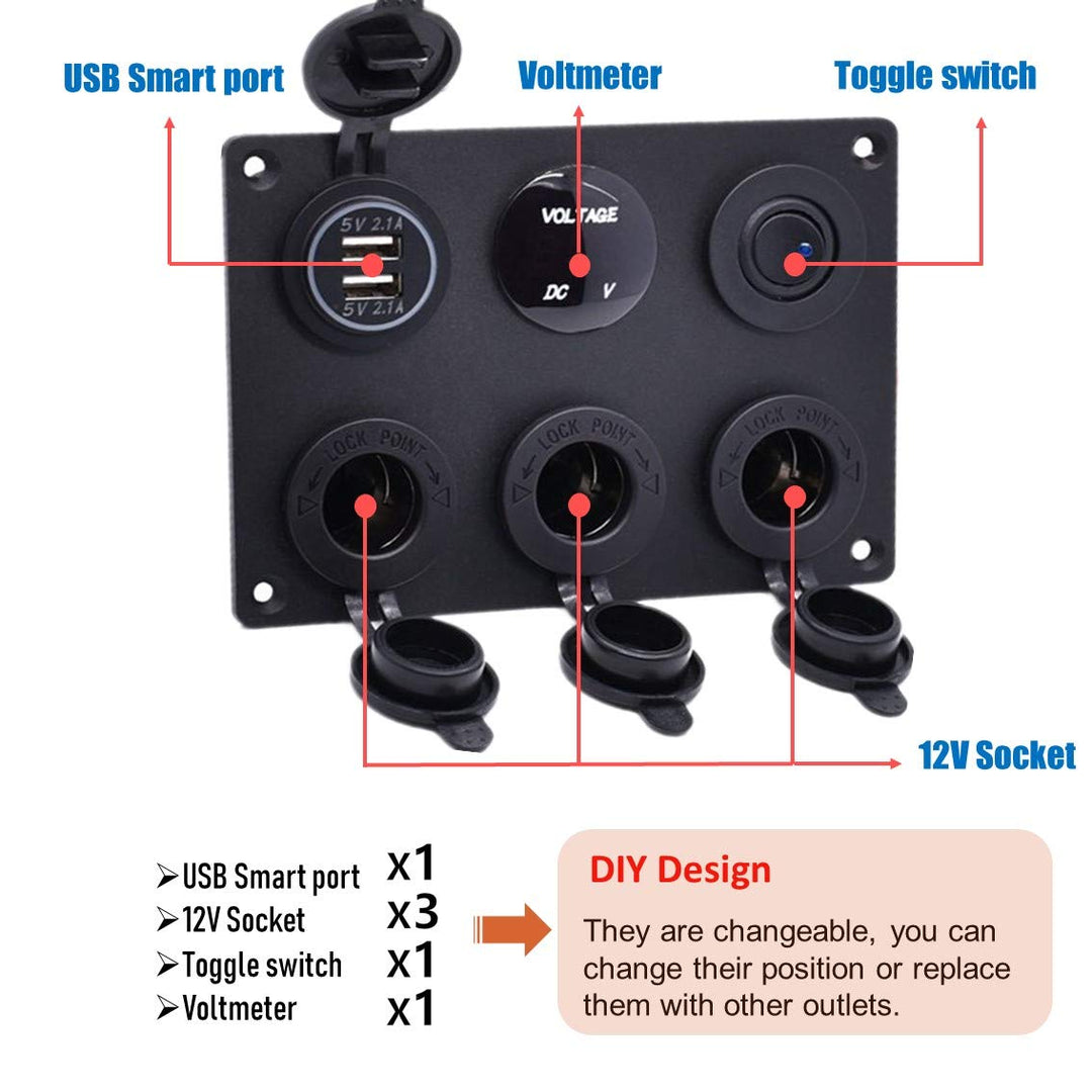 Thlevel 6 in 1 Multifunktionspanel 12V Steckdose Dual USB Ladegerät Blau LED Voltmeter Kippschalter