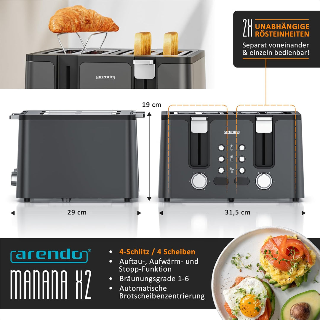 Arendo - Toaster 4 Scheiben Edelstahl - mit Brötchenaufsatz - LED Anzeige Restzeitanzeige – Doppelwa