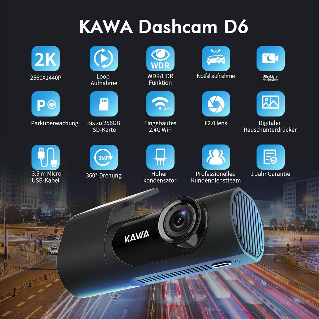 Dashcam Auto, KAWA D6 Dashcam 2K 1440P Voll QHD 30 fps - 360° drehbares Gehäuse Eingebautes WLAN für