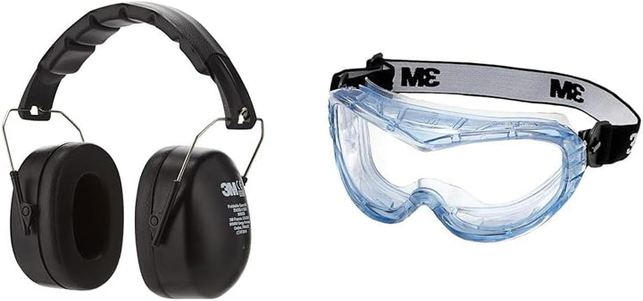 3M Kapselgehörschutz 90563E, Zusammenklappbarer Ohrenschützer & Fahrenheit Schutzbrille 71360-00012,