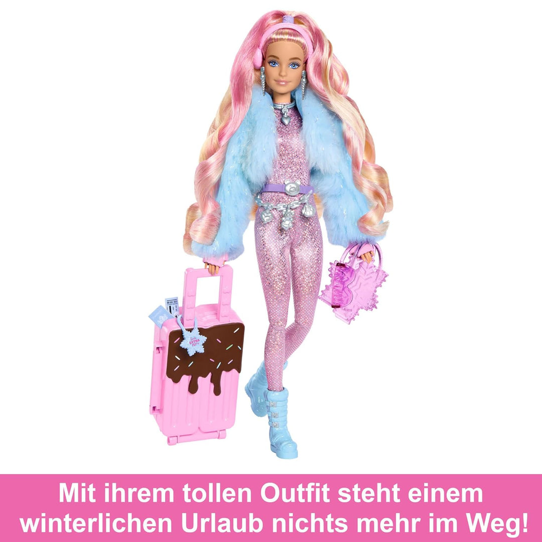 Barbie Extra Fly - Reisepuppe mit Winter-Outfit und Zubehör, 15 Accessoires wie Ohrenschützer, Hands