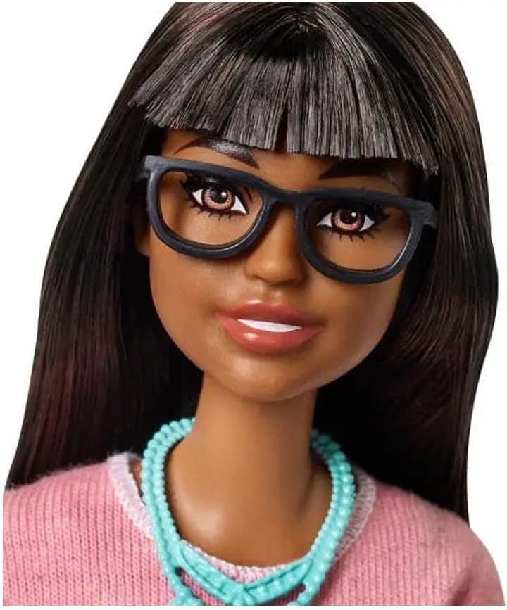 Barbie Berufe Lehrer Puppe Braun mit 10 Lernzubehör, einschliesslich Rotierender Globus und Laptop,