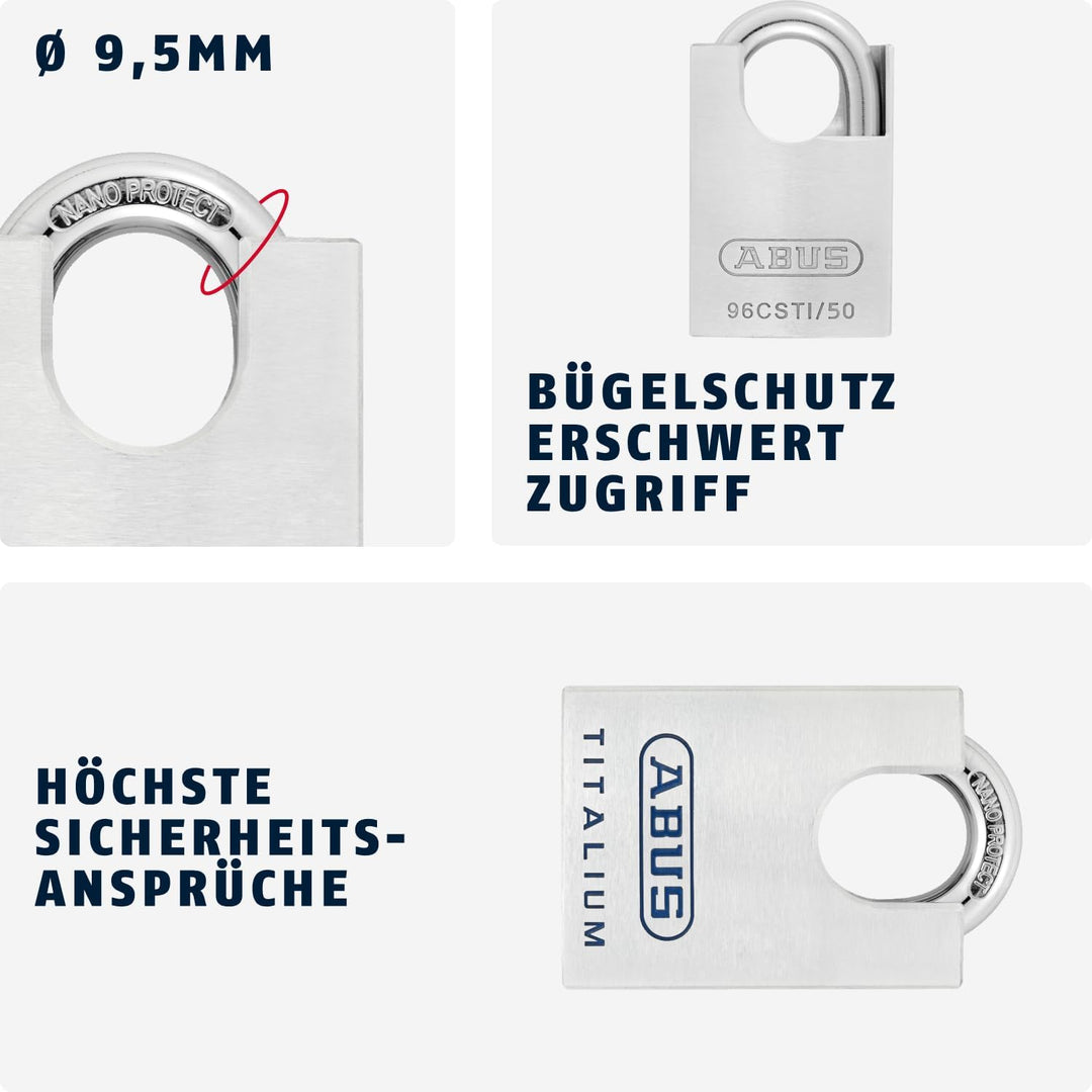 ABUS Titalium Vorhängeschloss 96CSTI/50 - leichter Schlosskörper aus massivem Spezial-Aluminium - mi
