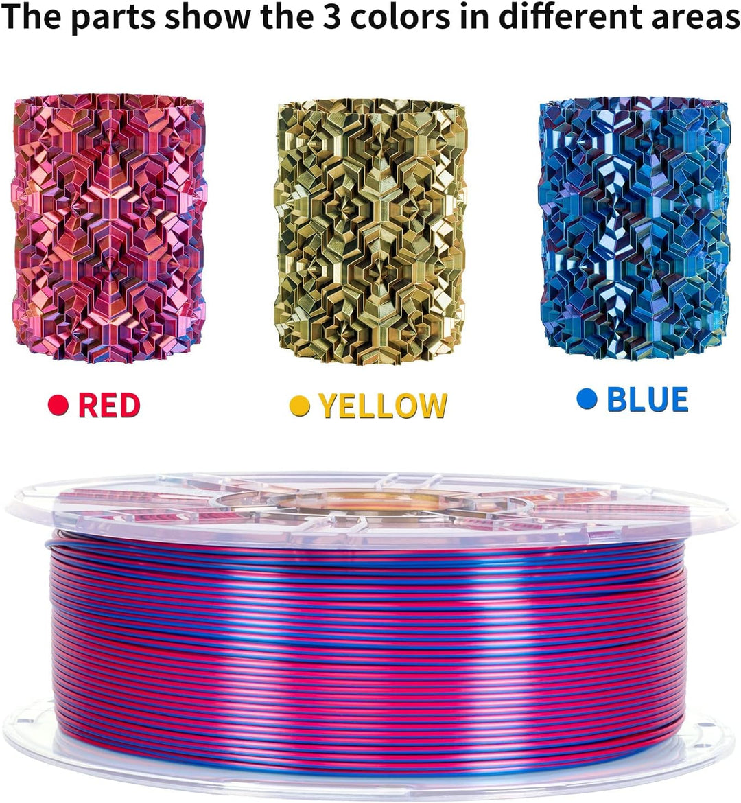 TRONXY 3D Drucker Filament, Triple Color Coextrusion PLA Filament 1.75mm, Seidenrot Gelb Blau Filame