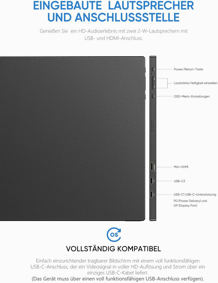 ARZOPA Portable Monitor, 15.6 Zoll Tragbarer Monitor, 1920x1080 Full HD, 100% SRGB IPS Externer Mobi