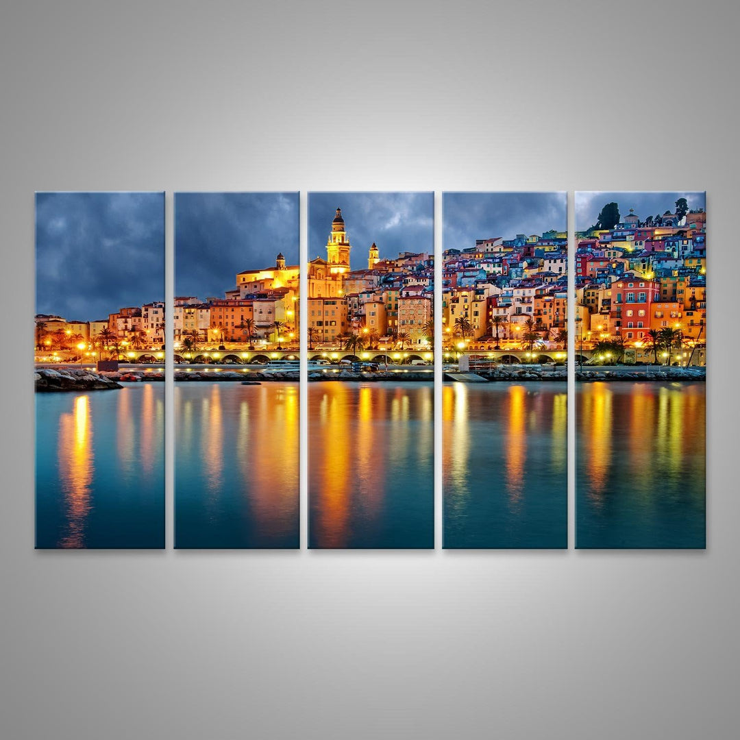 Bild auf Leinwand Provence Dorf Menton Nach Sonnenuntergang Wandbild Poster Kunstdruck Bilder, Leinw