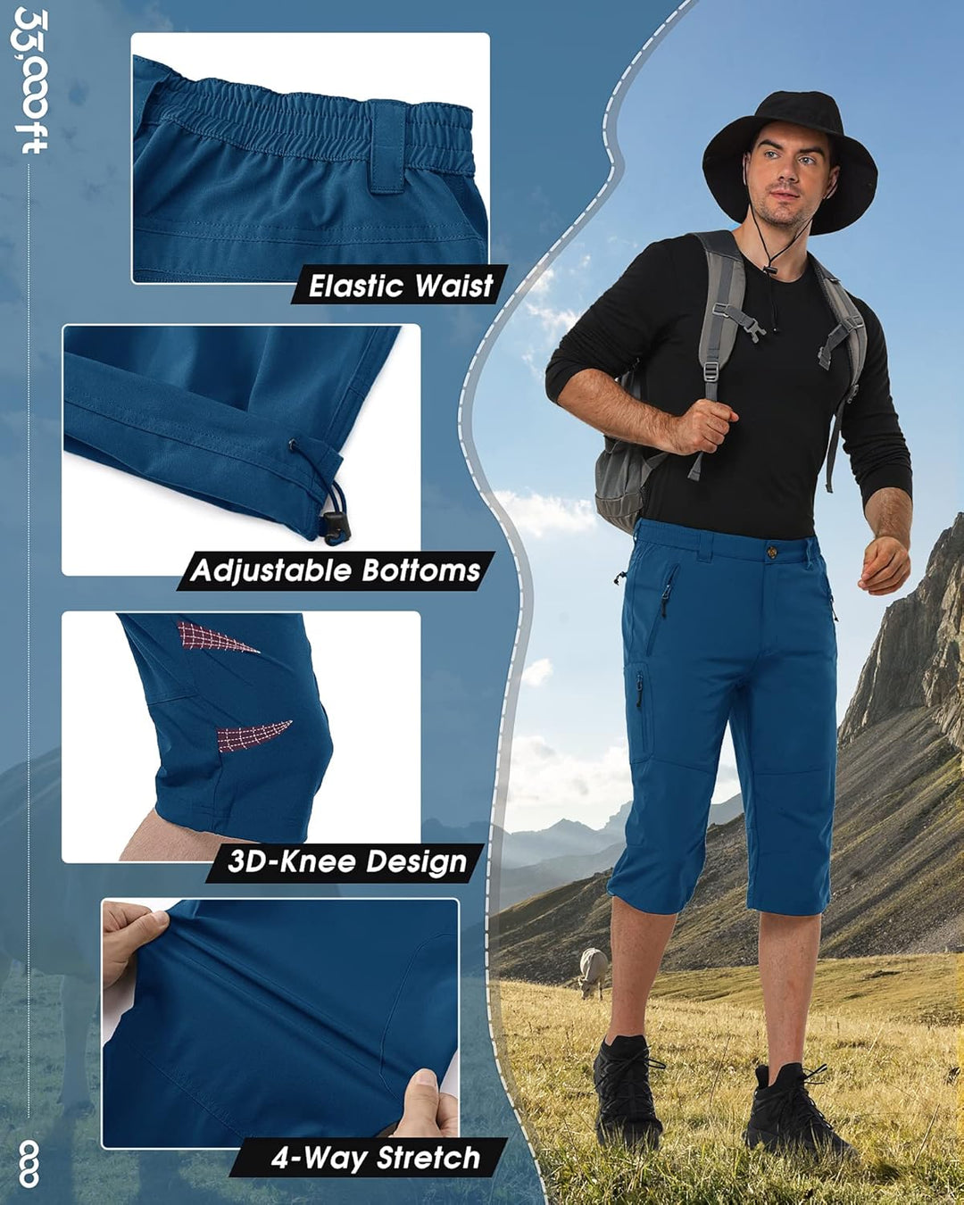 33,000ft Herren 3/4 Hose Cargo Shorts Kurze Wanderhose Stretch Leichte Radhose Sommer Capri Dreivier