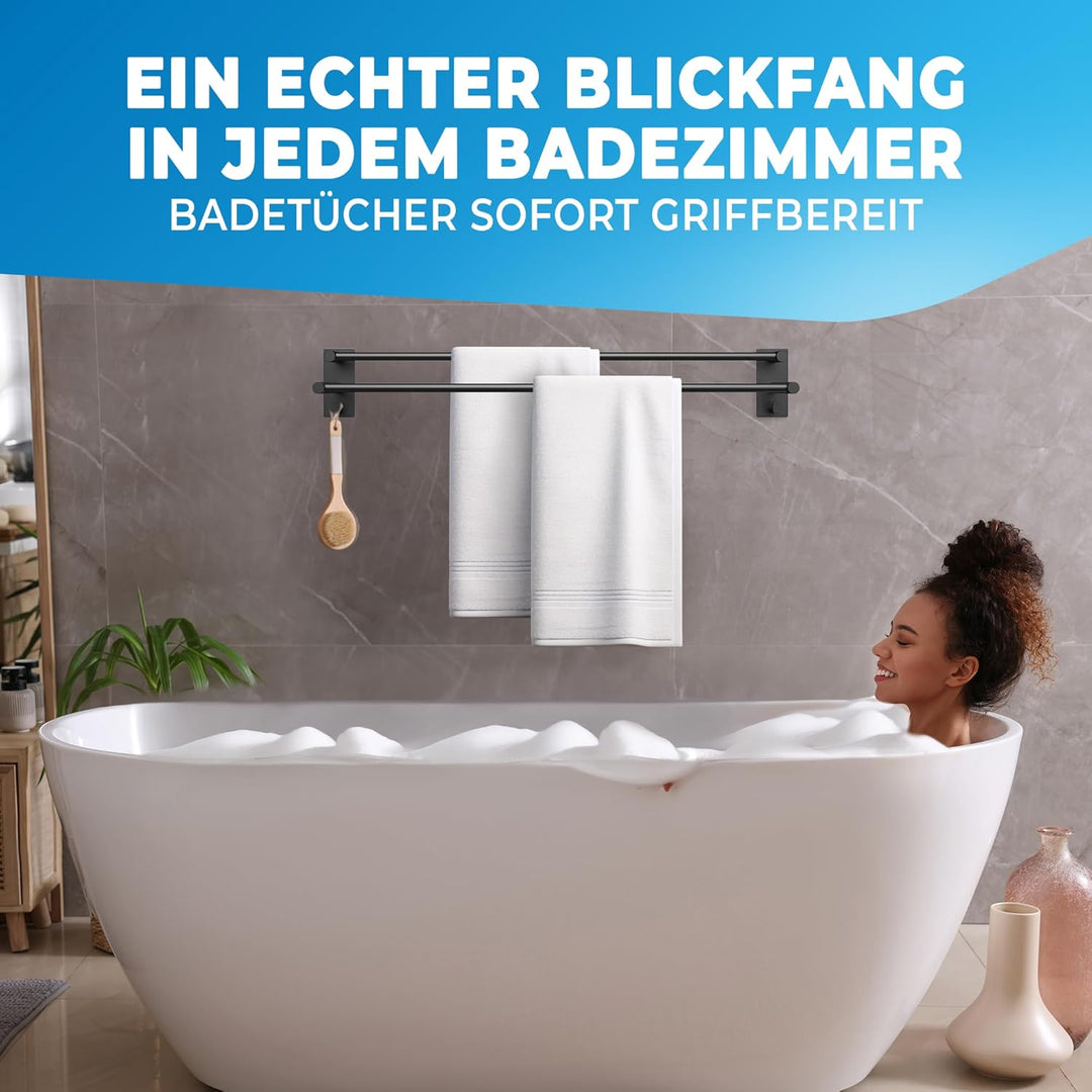 LOBUXยฎ - Handtuchhalter ohne Bohren schwarz โ 60cm, Edelstahl rostfrei โ Handtuchhalter Bad doppelt,