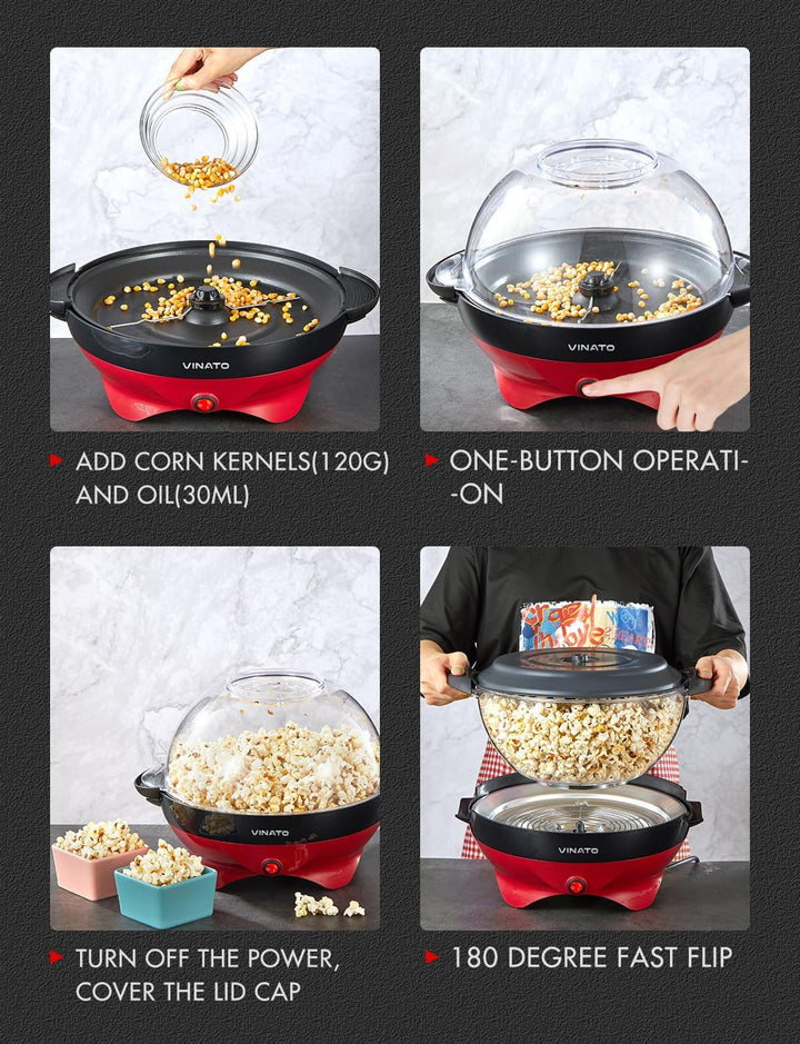 VINATO Popcornmaschine, Popcorn Maschine mit Zucker, Öl, Butter, 5L Popcornmaschine Gross für Zuhaus