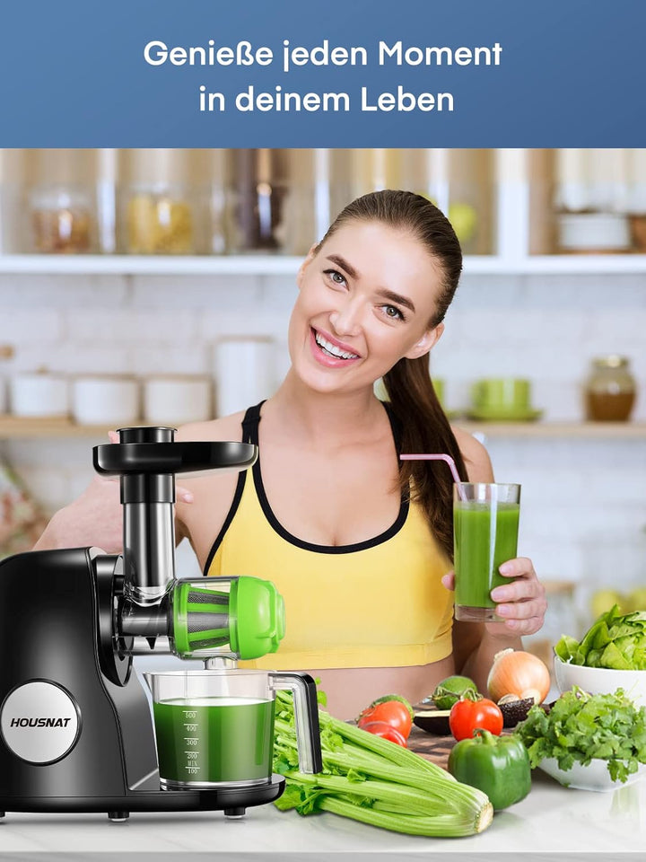 HOUSNAT Slow Juicer, Entsafter GemĂŒse und Obst, Profi Entsafter mit Ruhigem Motor â Umkehrfunktion â