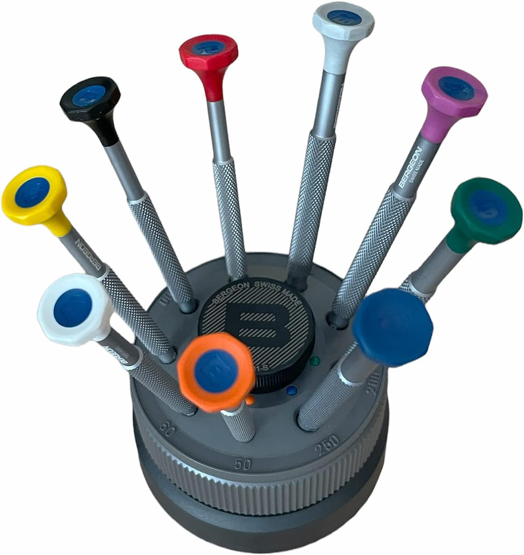 BERGEON 31081-S09 Set mit 9 Schraubendrehern mit eloxiertem Aluminiumgehäuse 0,50 bis 2,50 mm Uhrenr