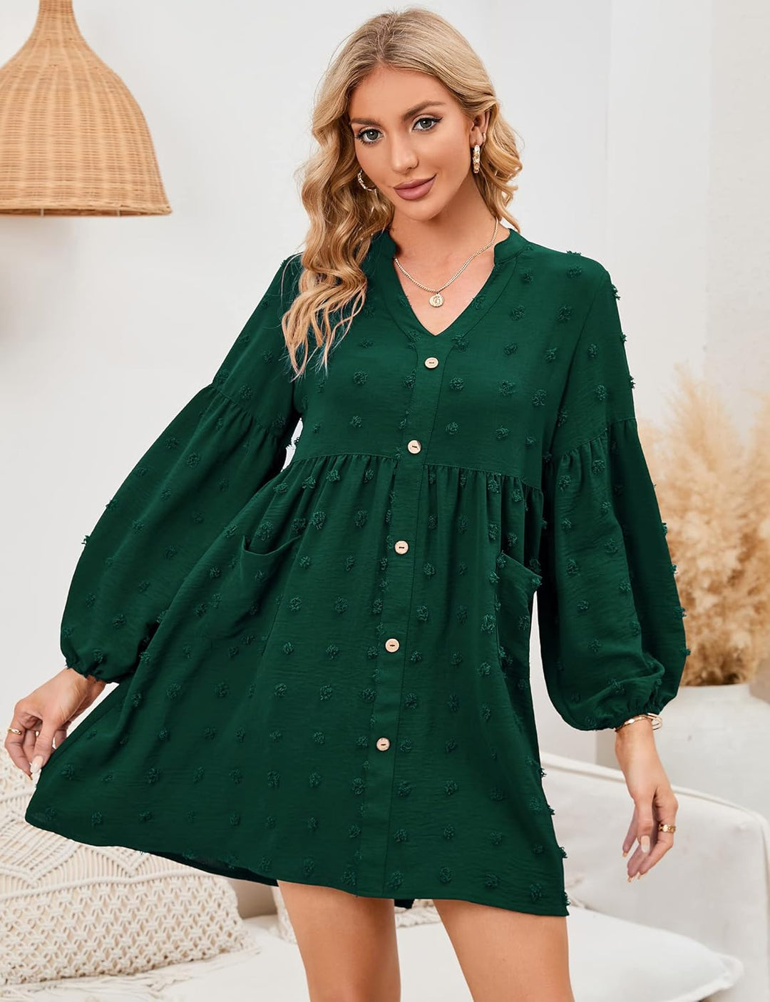 KOJOOIN Damen Tunika Kleid Langarm Swing Kleid kurz V-Ausschnitt Knopfleiste Blusenkleid Swiss Dot C