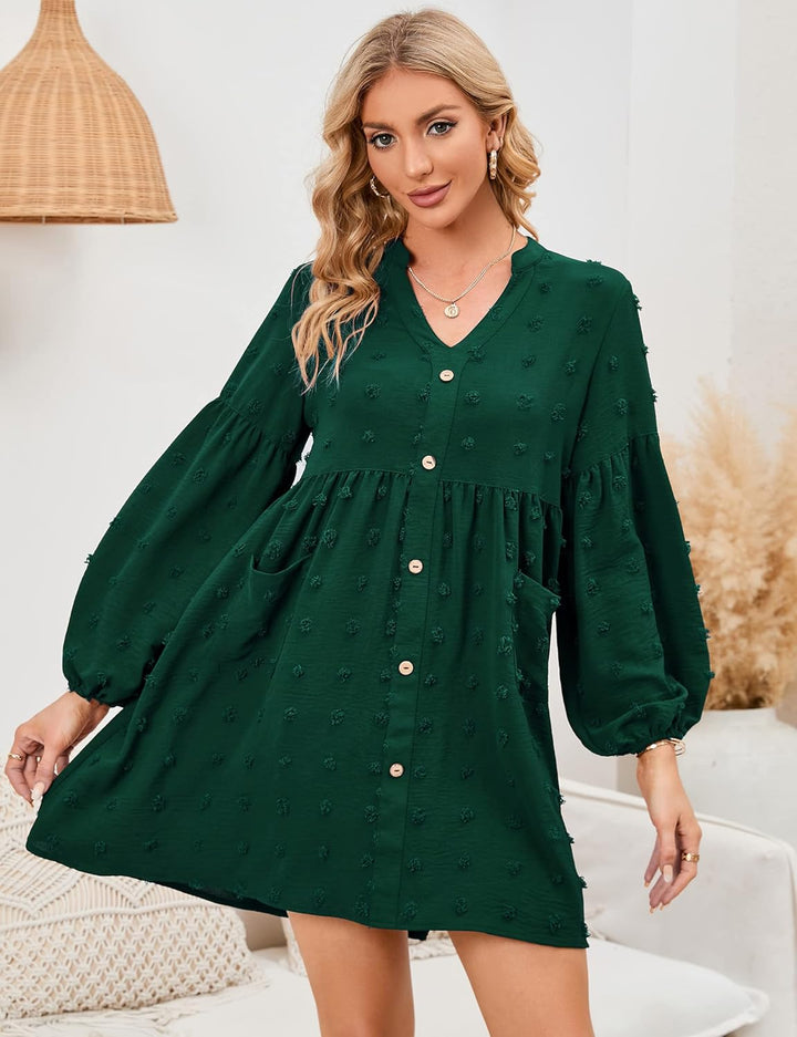 KOJOOIN Damen Tunika Kleid Langarm Swing Kleid kurz V-Ausschnitt Knopfleiste Blusenkleid Swiss Dot C