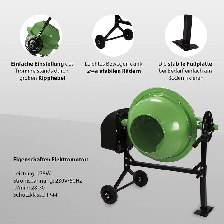 TrutzHolm® Betonmischer mit 70l Trommel leistungsstarker Elektromotor mit 275 Watt stabile Stahlkons