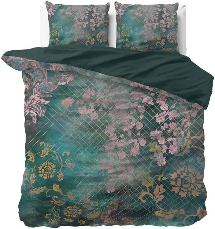 Sleep TIME Bettwäsche 100% Baumwolle, Grün, Blume Werfen, 200cm x 220cm, Mit 2 Kissenbezüge 60cm x 7