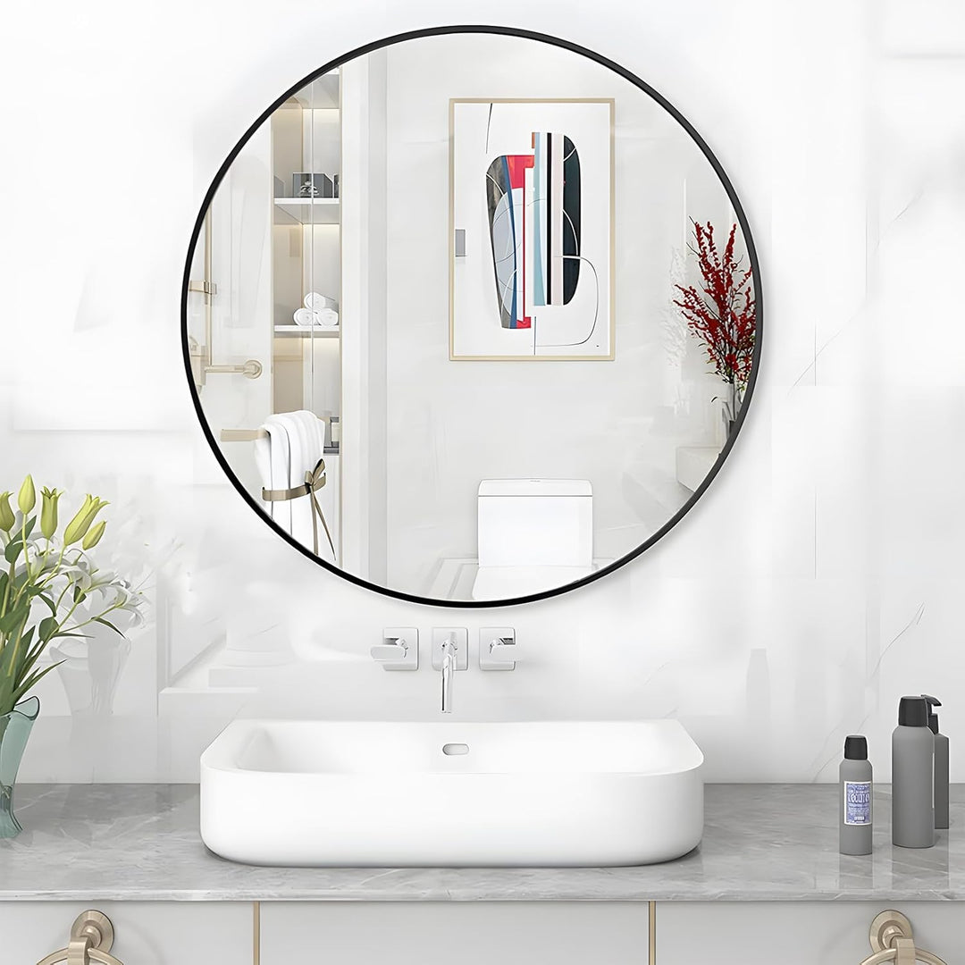 MIQU Badezimmerspiegel 70 x 70 cm Badspiegel ohne Beleuchtung Rund Spiegel Schwarz Metallrahmen Wand