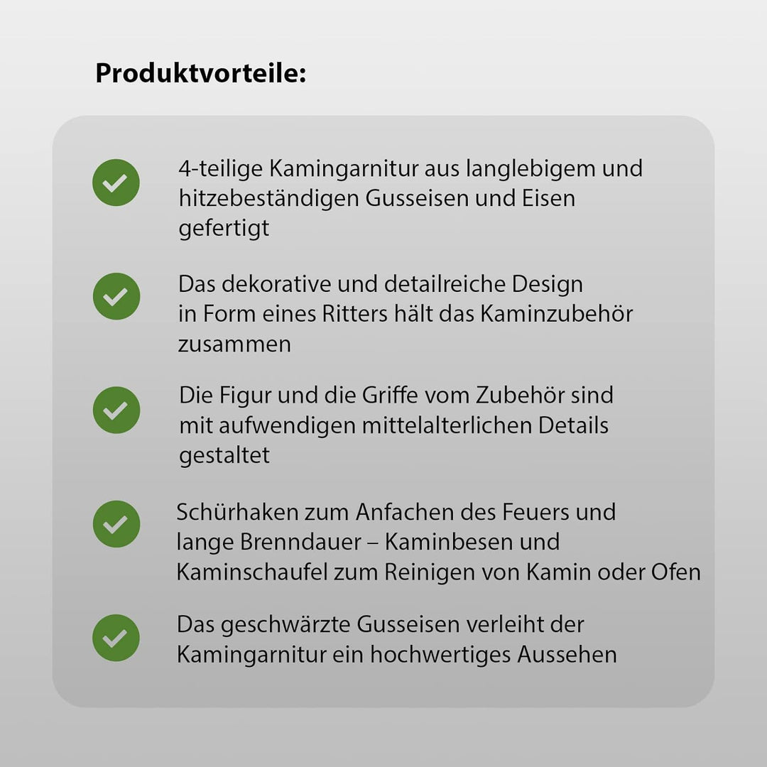 Kamingarnitur Kaminbesteck Kaminset Ofenbesteck Tiefschwarz Modell Ritter Ritterrüstung 4-tlg schwar