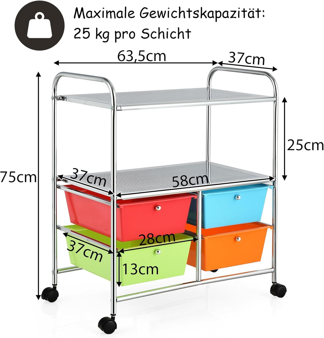 COSTWAY Rollwagen mit 4 stapelbaren Schubladen, Schubladenwagen Rollcontainer mit Metallgestell und