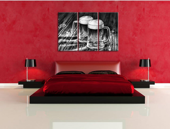 Pixxprint Zwei Masskrüge Bier als Leinwandbild/Grösse: 3 Teilig (120x80) cm/Wandbild/Kunstdruck/fert