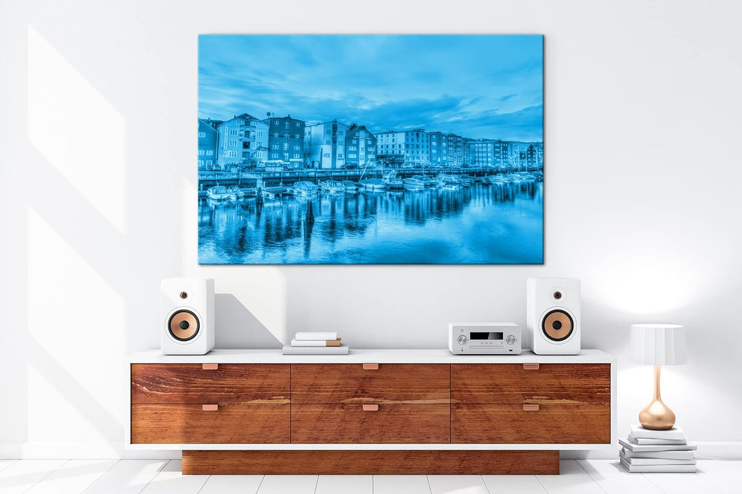 deyoli Trondheim in Norwegen Format: 60x40 Effekt: Monocrome Blau als Leinwand, Motiv fertig gerahmt
