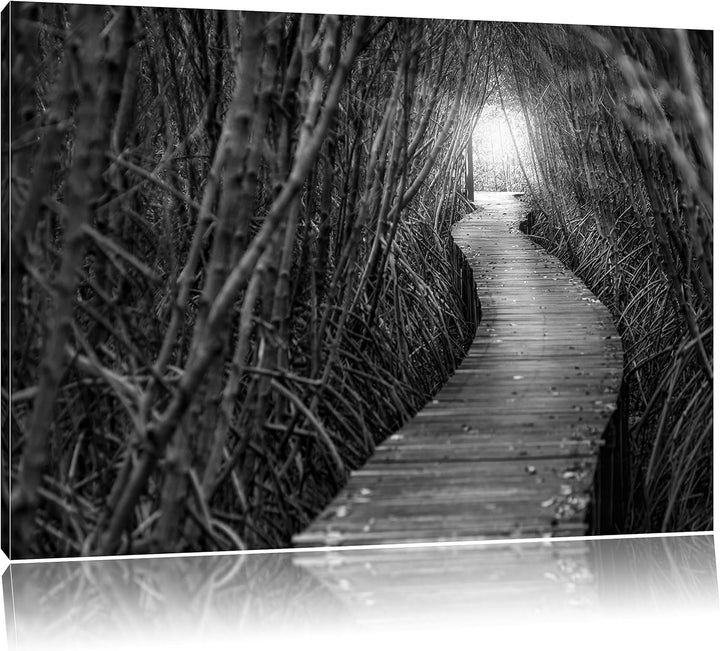 Gehweg im Wald Kunst B&W, Format: 100x70 auf Leinwand, XXL riesige Bilder fertig gerahmt mit Keilrah