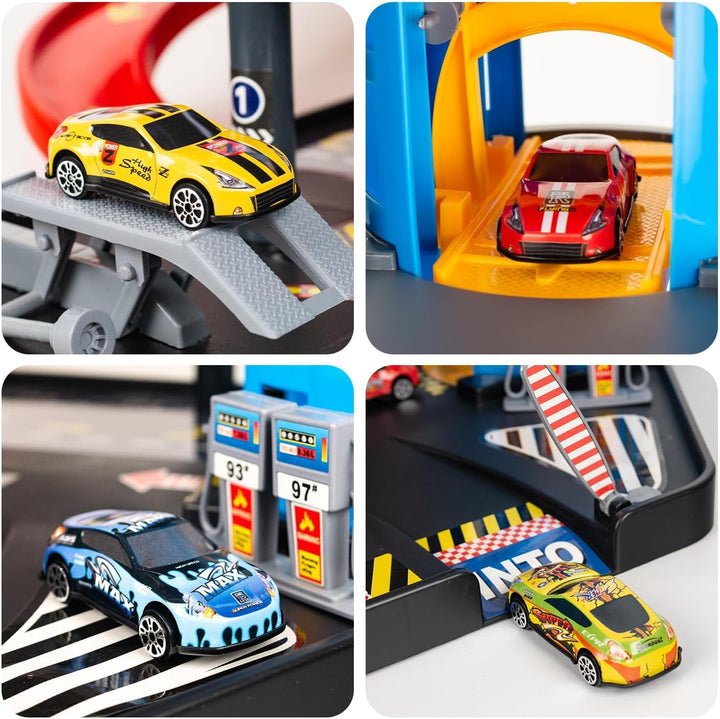 CELMAN Parkgarage Spielset für Kinder - Multilevel Spielzeugauto Parkhaus mit Handbetriebener Aufzug
