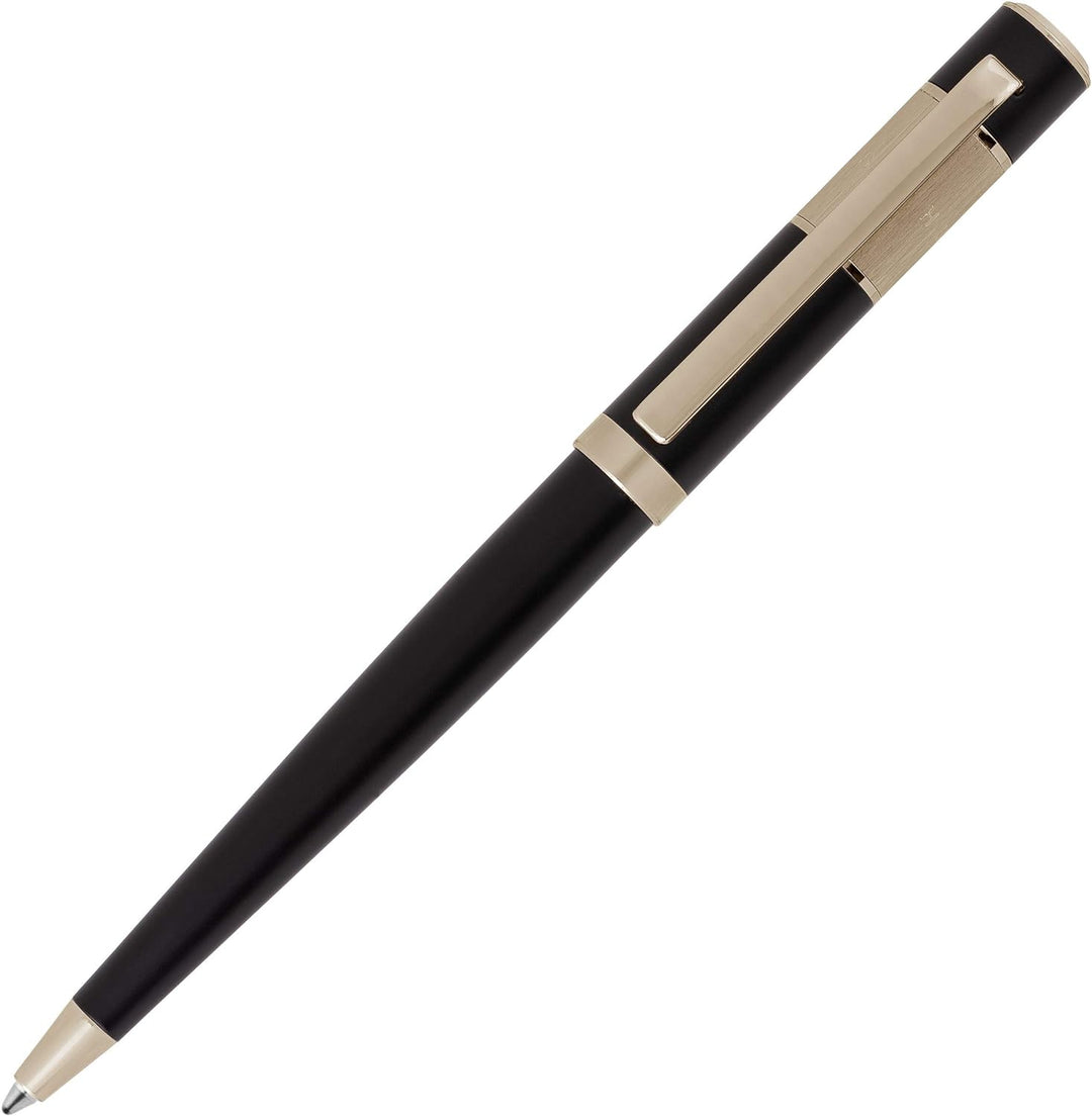 Hugo Boss Kugelschreiber Ribbon Vivid Black Schwarz Goldakzente Aluminium Messing, Länge: 13,8 cm, H