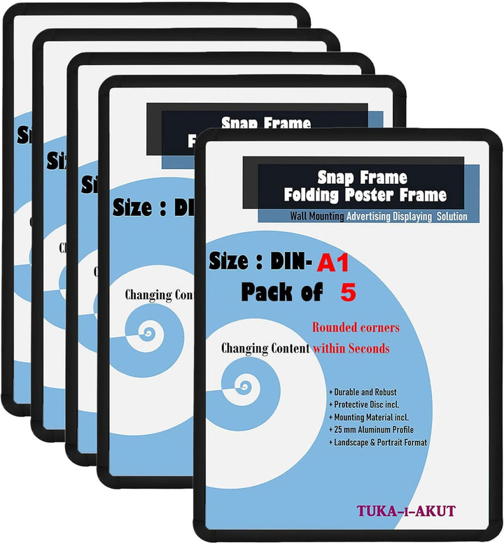 TUKA-i-AKUT 5er Aluminium Klapprahmen DIN A1 | 25 mm Profil | Abgerundete Ecken | Schutzscheibe Befe