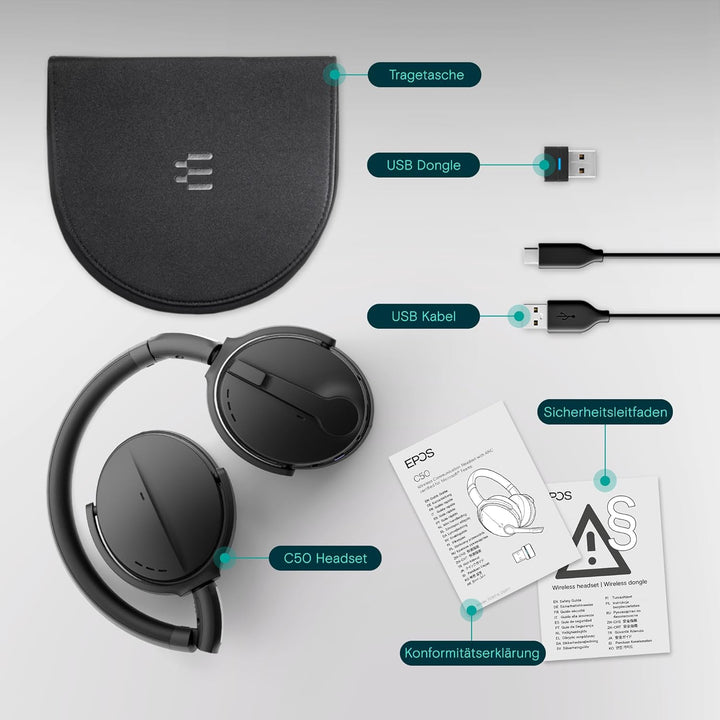 EPOS I SENNHEISER C50 Bluetooth Headset mit Mikrofon | Noise Cancelling Kopfhörer mit bis zu 46 Stun