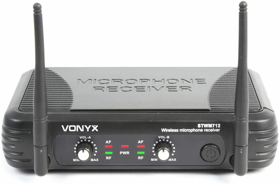 Vonyx STWM712 - Wireless Mikrofonset VHF 2-Kanal mit Empfänger und 2 Funkmikrofonen, Funkmikro, drah