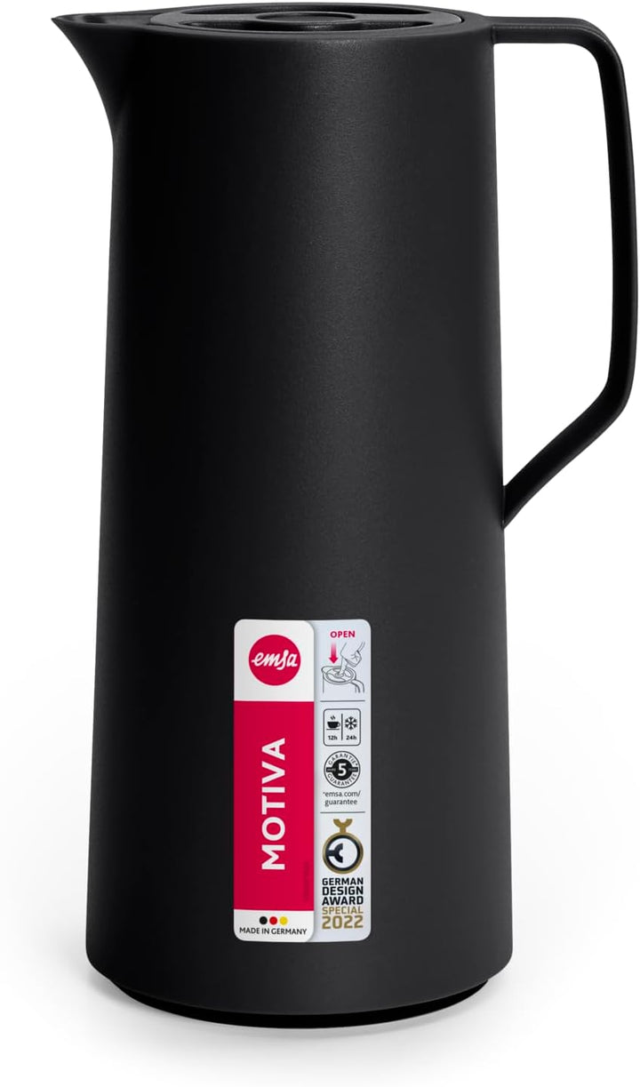 Emsa N41707 Motiva Isolierkanne | 1 Liter | Kunststoff, Quick-Press-Verschluss | 12h heiss, 24h kalt