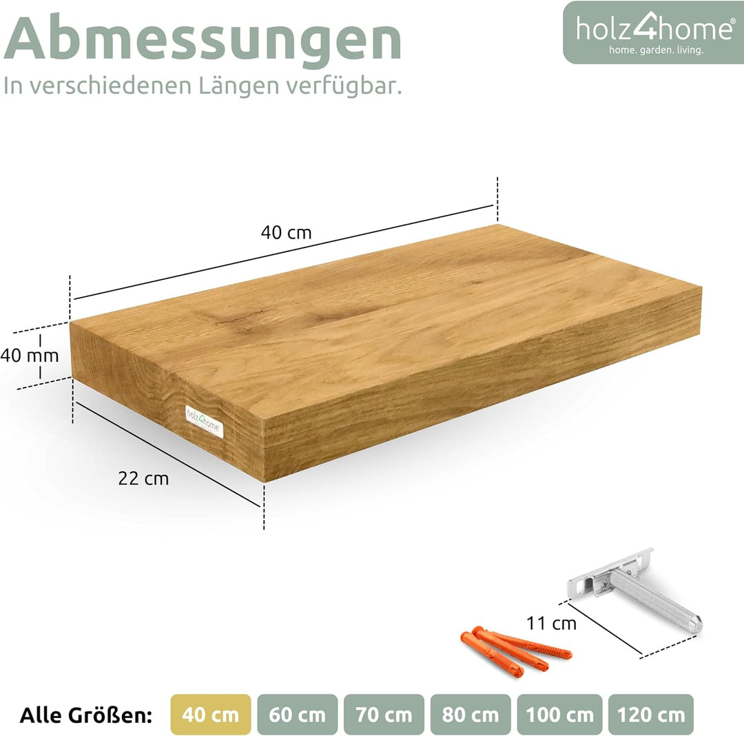 holz4home® Wandregal ohne Baumkante 40 cm Länge, Natur Geölt I Schweberegal mit Befestigung im moder
