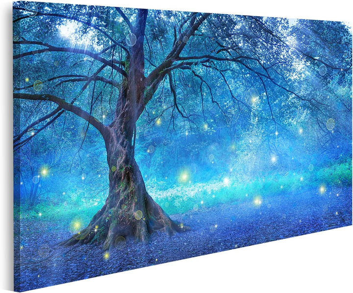 islandburner Bild auf Leinwand Baum Im Mystischem Wald Blau Bilder Wandbilder Poster Leinwand 100x57