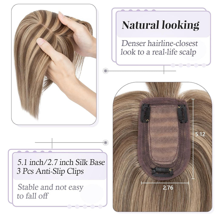 TESS Hair Topper Echthaar Braun Balayage, 7x13cm Basis Toupet Damen #4P27 braun/Dunkelblond mit Pony