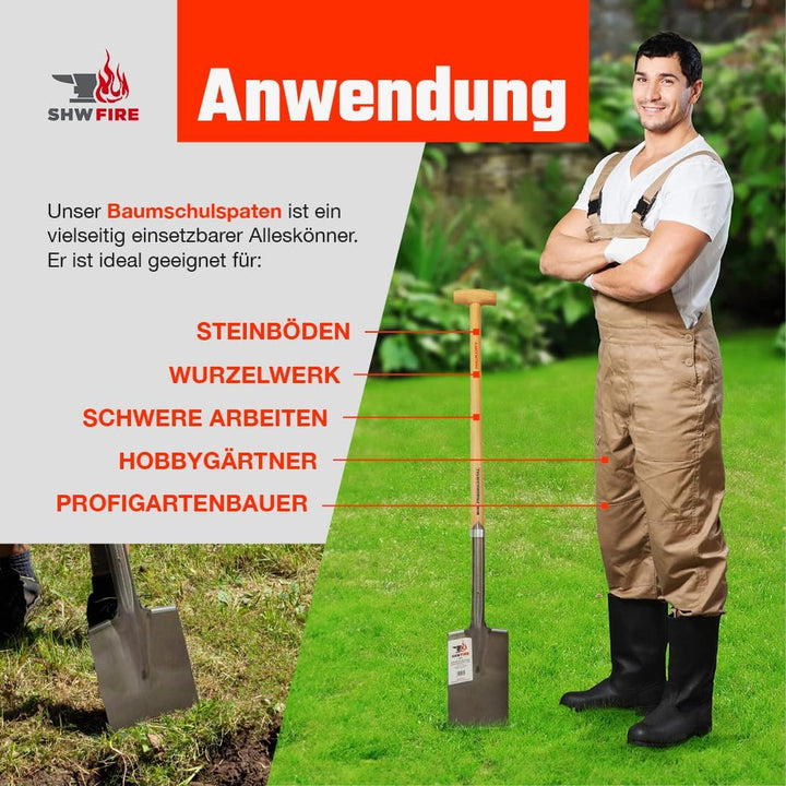 SHW-FIRE Baumschulspaten - Robuster Spaten für Harte und steinige Böden - 85cm mit Hickory T-Griff