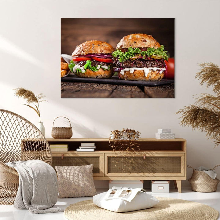 Bilder auf Leinwand 100x70cm Leinwandbild Amerikaner Hamburger Essen Barbecue Gross Wanddeko Bild Sc
