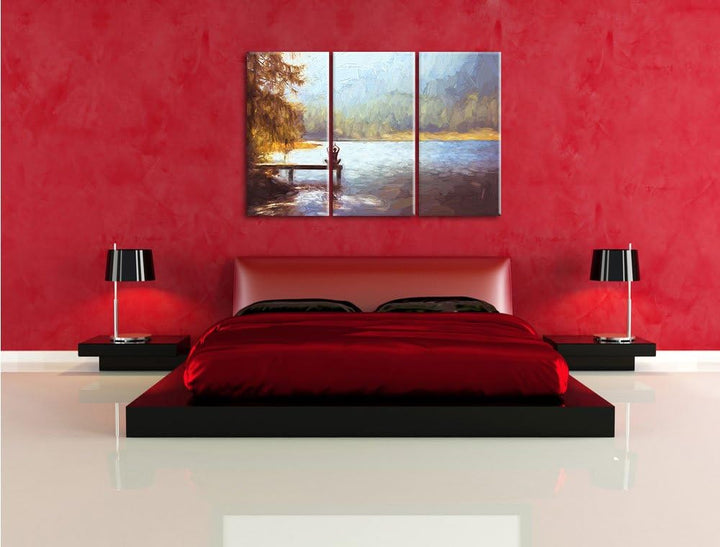 Pixxprint Yoga am See Kunst als Leinwandbild/Grösse: 3 Teilig (120x80) / Wandbild/Kunstdruck/fertig
