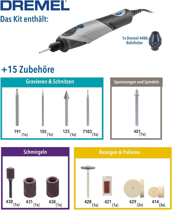 Dremel 2050 Stylo+ Multifunktionswerkzeug 9W Set (15 Zubehöre, Variable Drehzahleinstellung bis 22.0