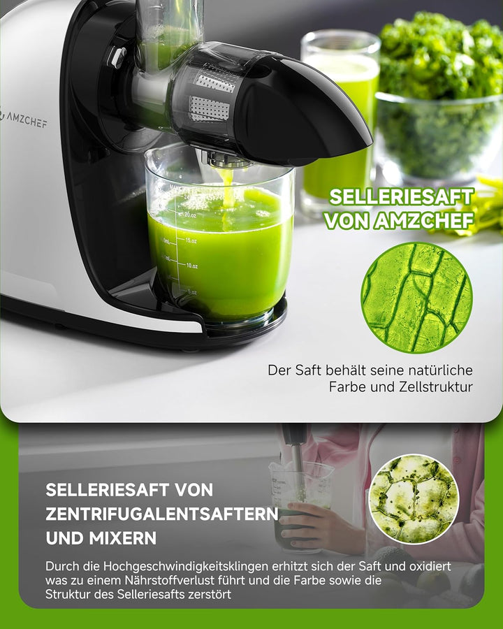 AMZCHEF Entsafter Gemüse und Obst Testsieger - Entsafter Slow Juicer mit Rückwärts-Kau-Funktion - Za