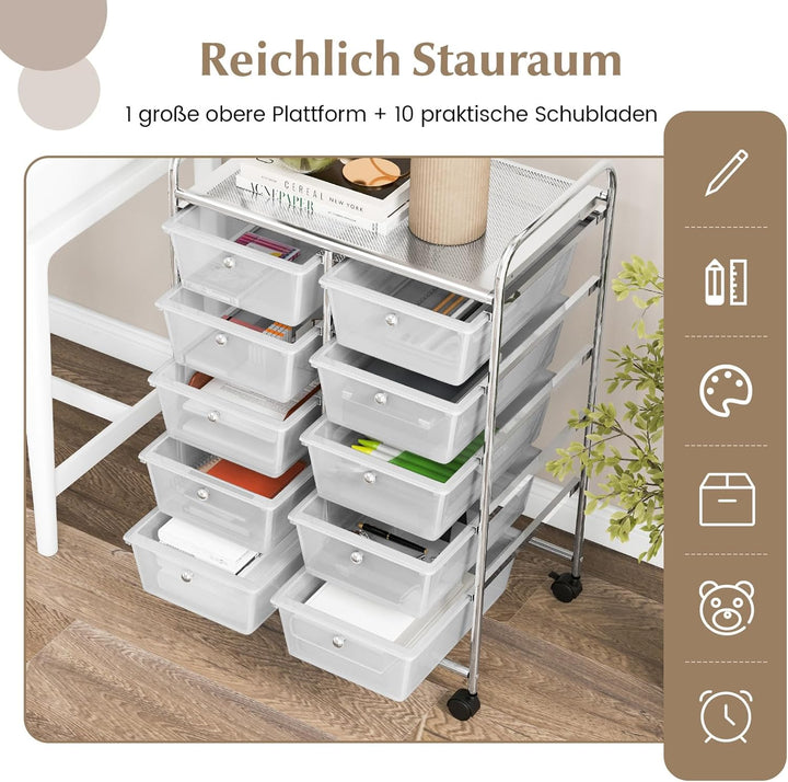 COSTWAY Rollwagen mit 10 stapelbaren Schubladen, Schubladenwagen Rollcontainer mit Metallgestell und