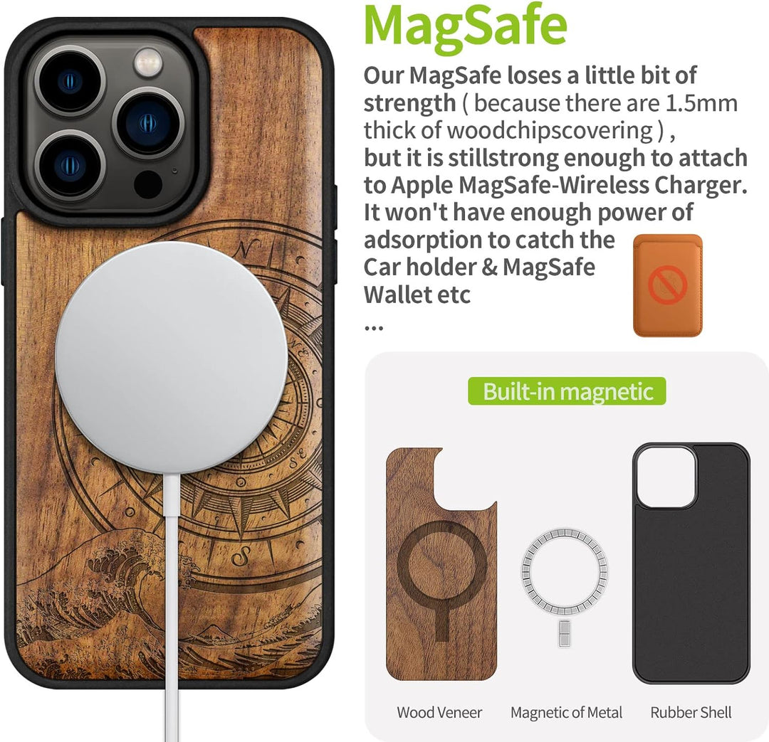 Carveit Handyhülle für iPhone 14 Pro Holz Cover kompatibel mit MagSafe Massivholz für Apple 14Pro St