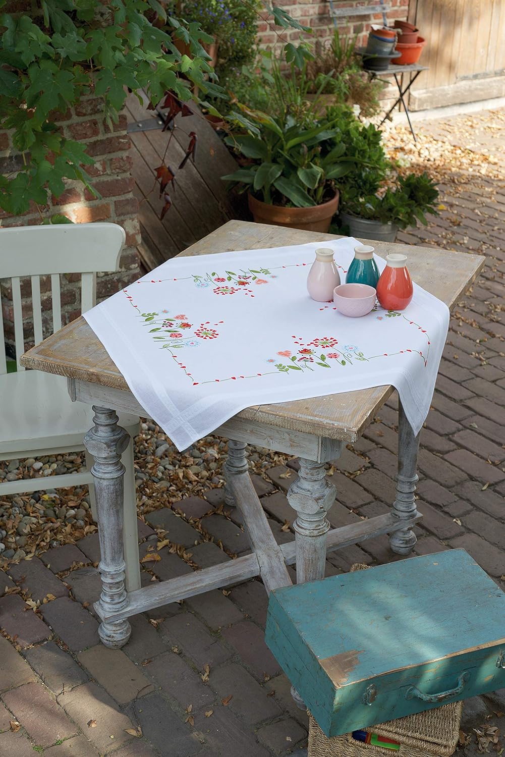 Vervaco PN-0170740 Blumen Bedruckte Tischdecke Stickset, Baumwolle, mehrfarbig, ca. 80 x 80 cm / 32"