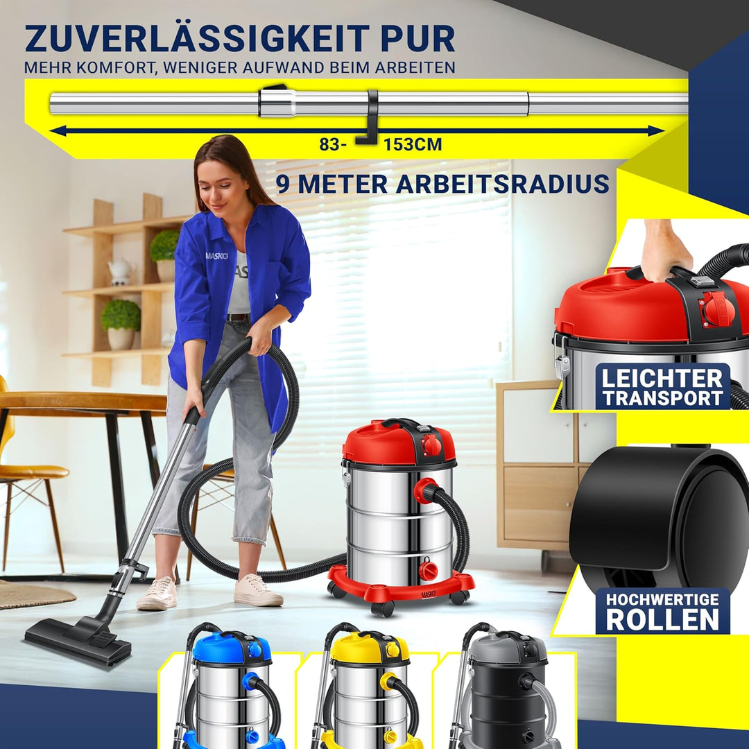 Masko® Industriestaubsauger Staubsauger Nass Trocken Sauger Edelstahl 2300W + Steckdose | Blasfunkti