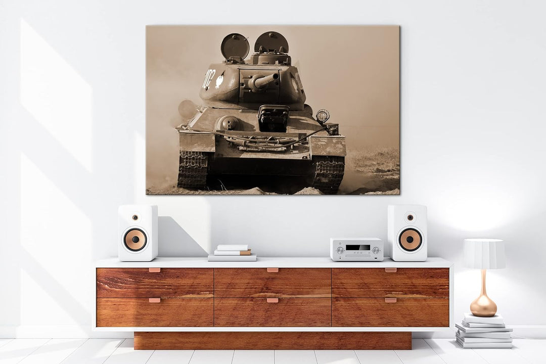 deyoli Panzer im Einsatz Effekt: Sepia Format: 80x60 als Leinwandbild, Motiv fertig gerahmt auf Echt