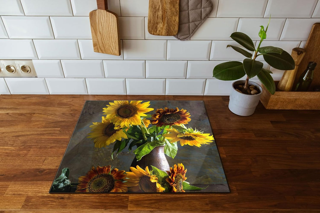 Sonnenblumen in edler Vase Herdabdeckplatte & Spritzschutz aus Echtglas | Für Herd-Kochfelder | 60x5