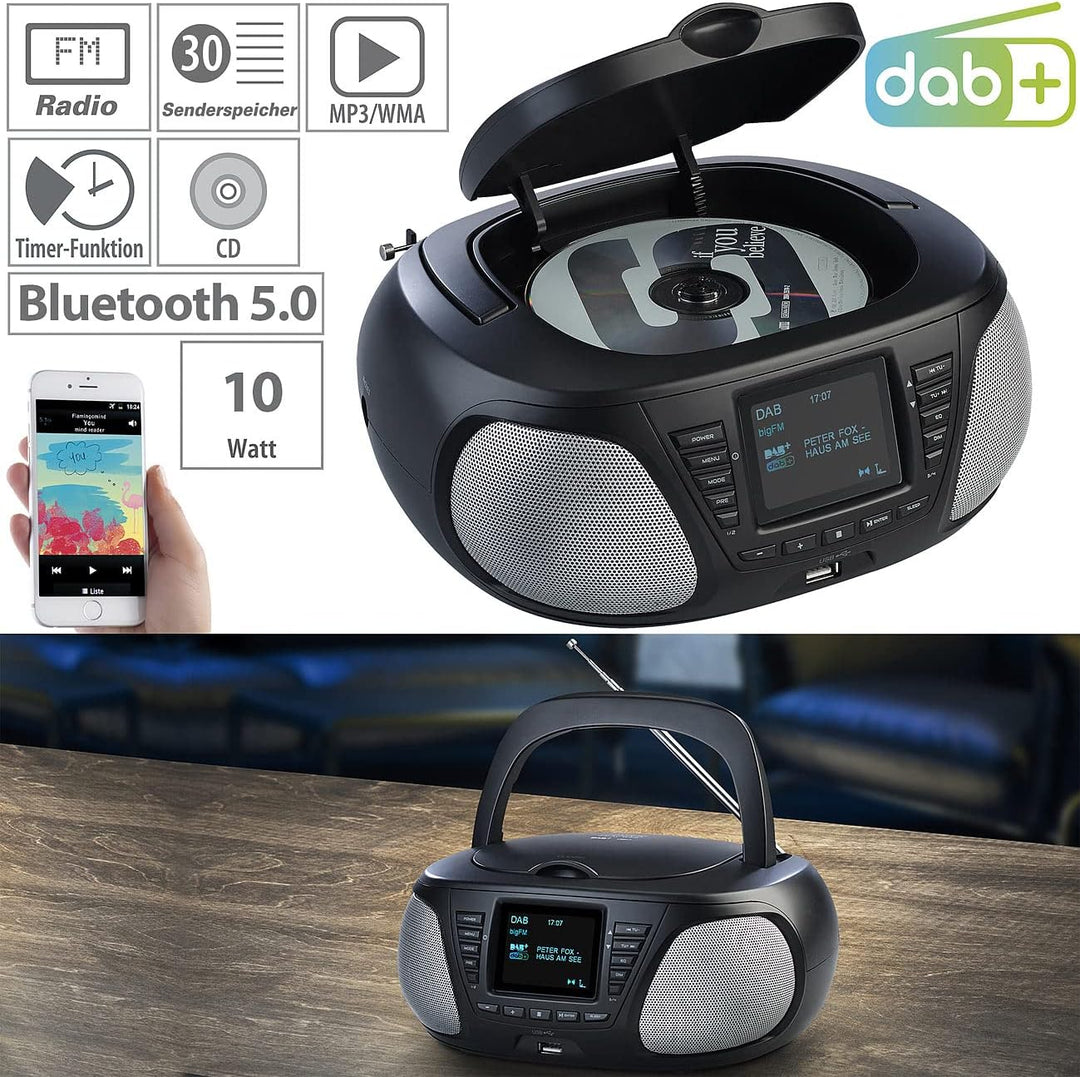 VR-Radio CD Radio: Mobile Stereo-Boombox mit DAB+/FM, Bluetooth, CD, AUX, 10 Watt (CD Radios, tragba