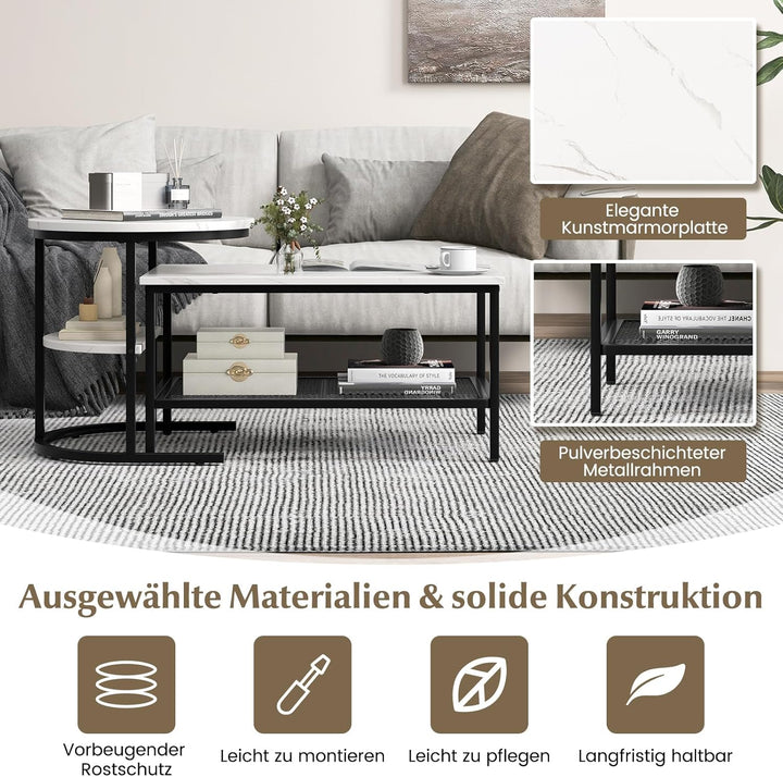 COSTWAY 2er Set Couchtisch, Beistelltisch Marmor Optik mit Metallrahmen & Ablage, Kaffeetisch Wohnzi